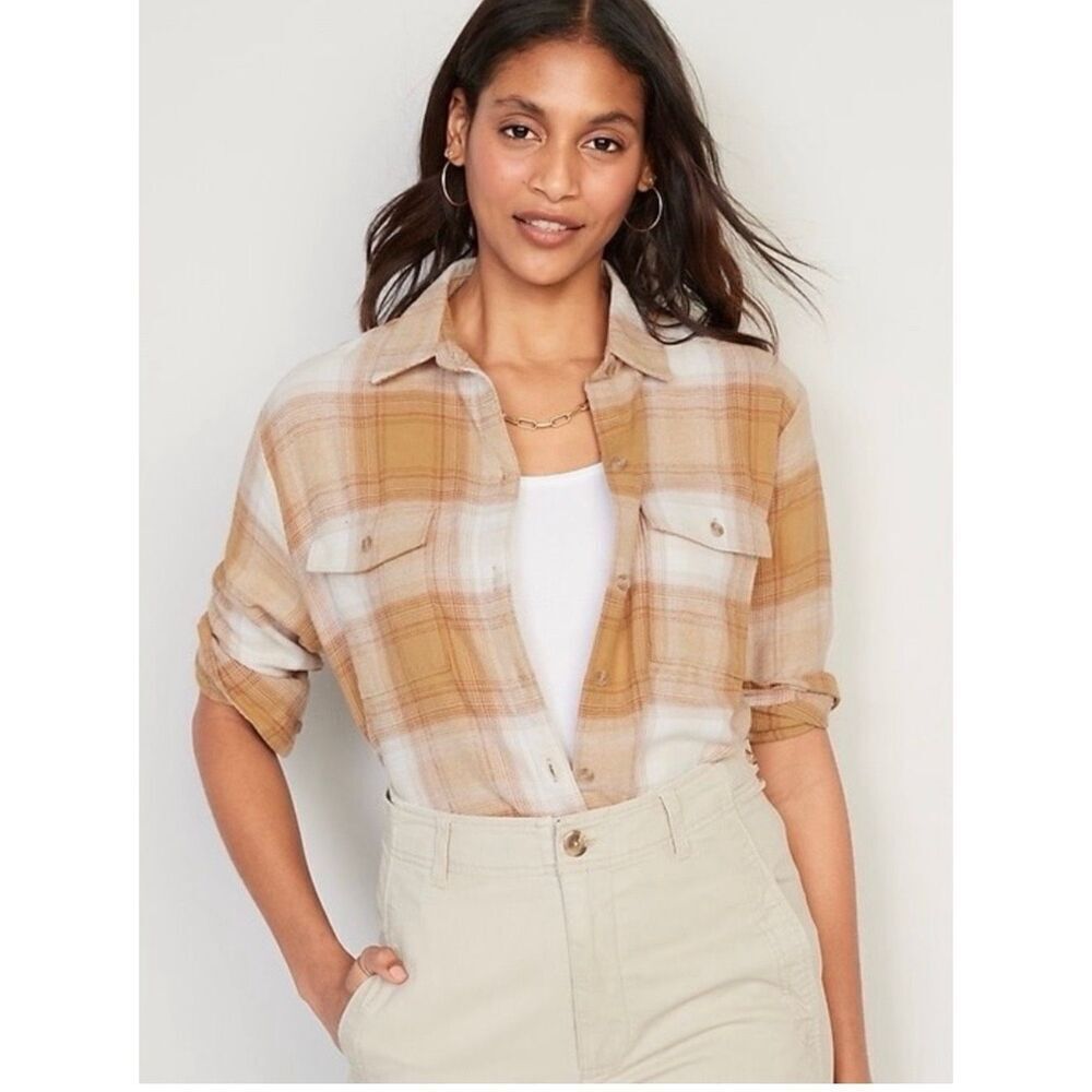 Womens Old Navy Plaid Fall Flannel Boyfriend Button Down Tunic Shirt Top - Sz S